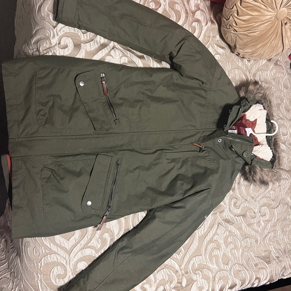 Columbia Olive Military Jacket with Faux Fur Hood